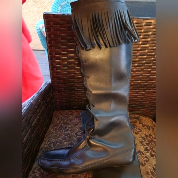 GUCCI Tom Ford RUNWAY '99 Black Lace Up Knee Fringe Leather Moccasin Boots 10m - Picture 9 of 16